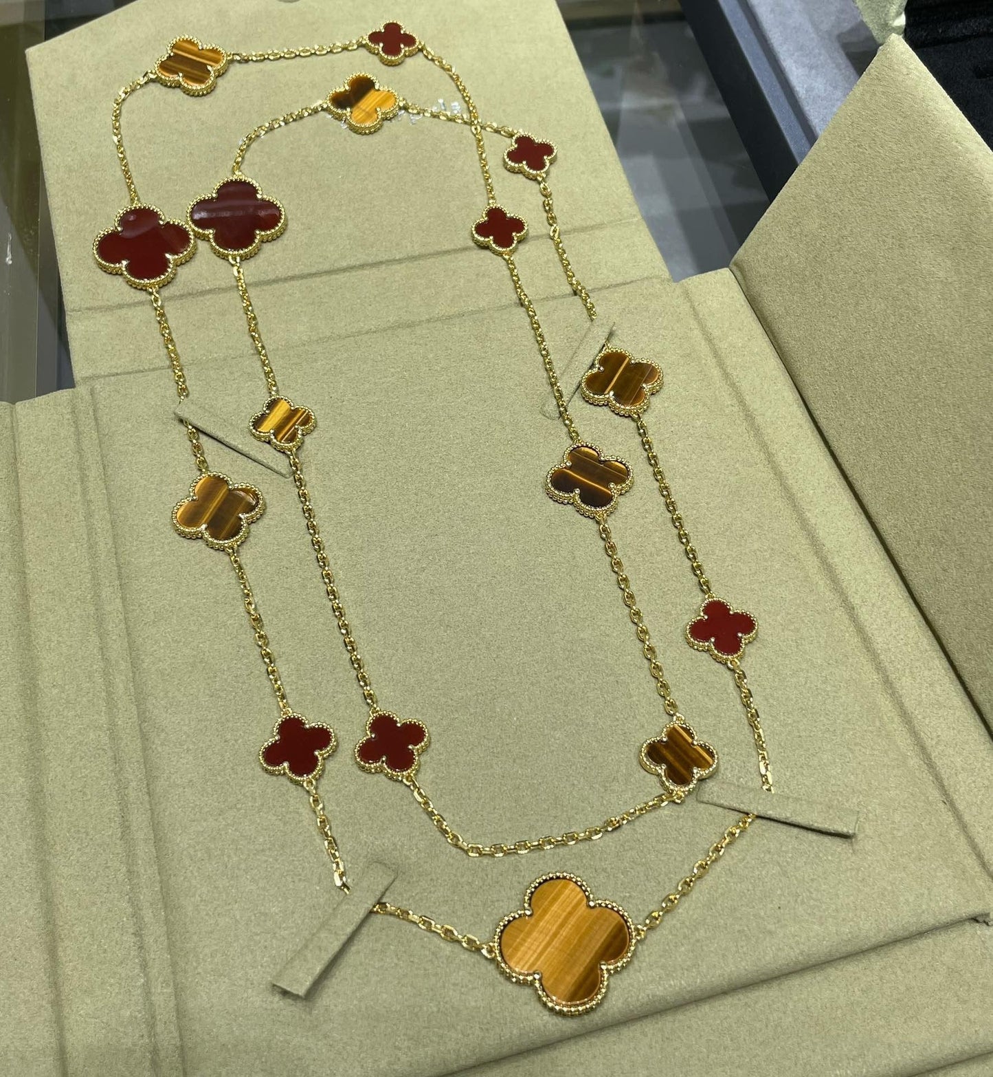 [Noble Jewelry]CLOVER 16 MOTIF CARNELIAN TIGER EYE ROSE GOLD NECKLACE