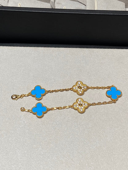 [Noble Jewelry]CLOVER 5 MOTIF BLUE CHALCEDONY DIAMOND GOLD BRACELET