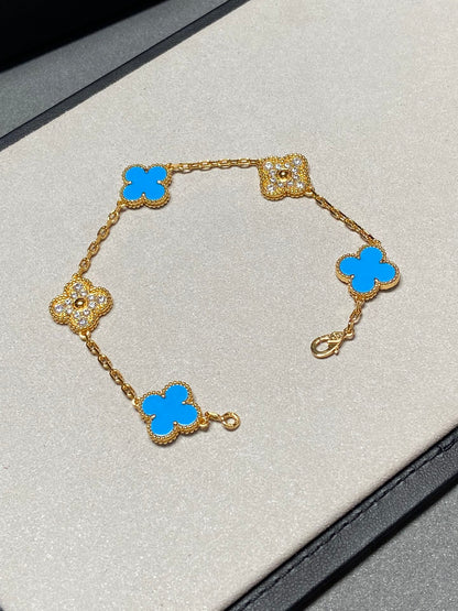 [Noble Jewelry]CLOVER 5 MOTIF BLUE CHALCEDONY DIAMOND GOLD BRACELET