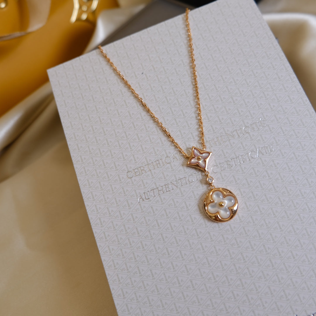 [Noble Jewelry]STAR AND SUN WHITE MOP 2 MOTIF PINK GOLD NECKLACE