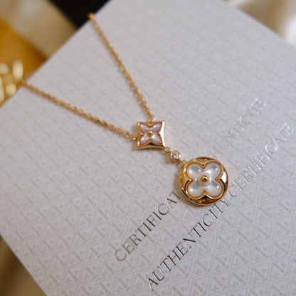 [Noble Jewelry]STAR AND SUN WHITE MOP 2 MOTIF PINK GOLD NECKLACE