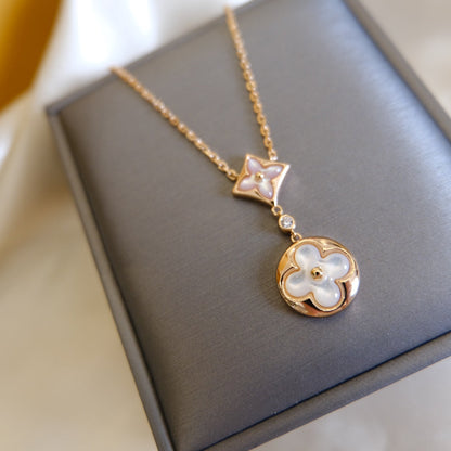 [Noble Jewelry]STAR AND SUN WHITE MOP 2 MOTIF PINK GOLD NECKLACE