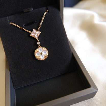 [Noble Jewelry]STAR AND SUN WHITE MOP 2 MOTIF PINK GOLD NECKLACE