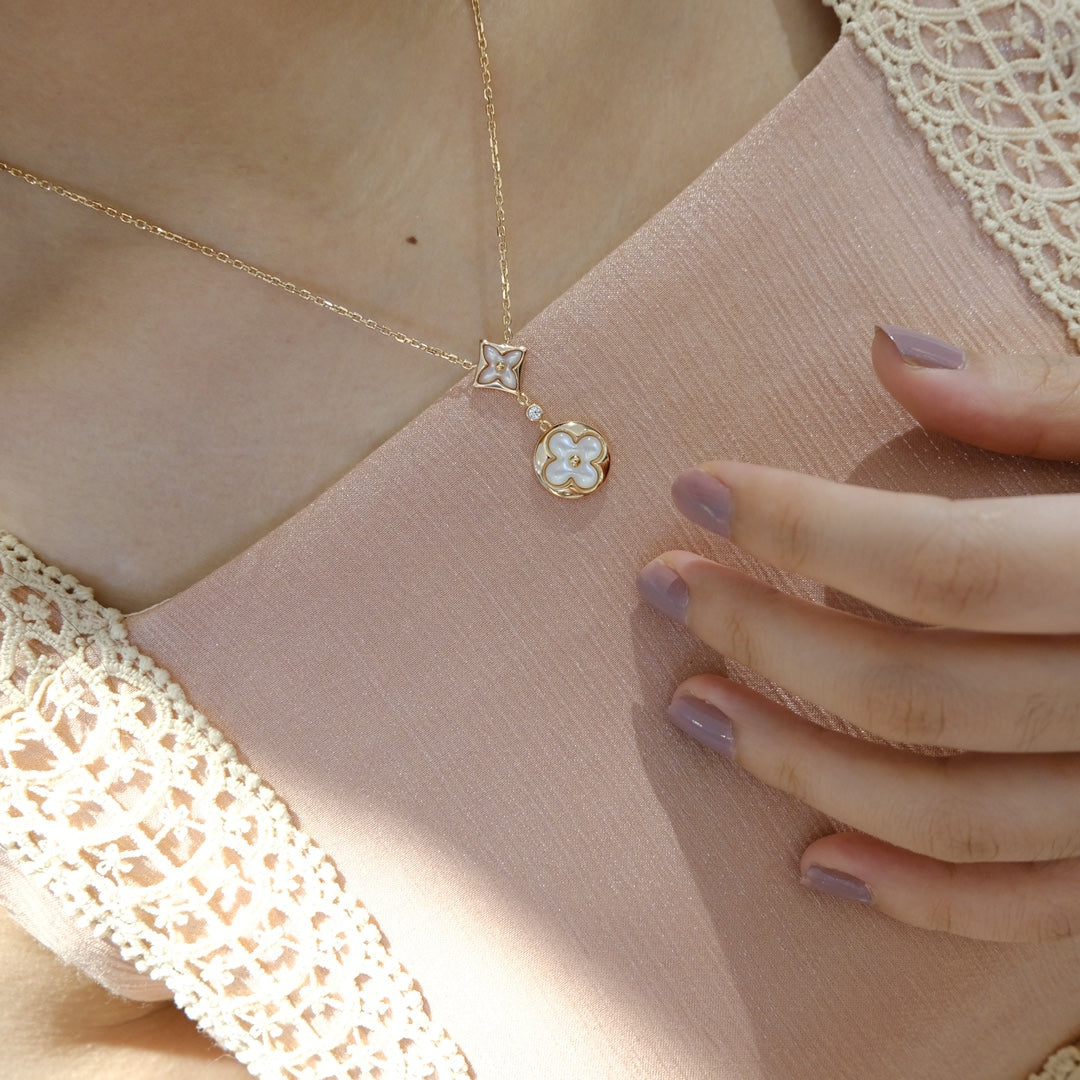 [Noble Jewelry]STAR AND SUN WHITE MOP 2 MOTIF PINK GOLD NECKLACE