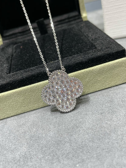 [Noble Jewelry]CLOVER 25MM LARGE PENDANT DIAMOND PAVED SILVER NECKLACE