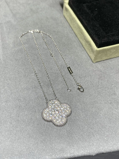 [Noble Jewelry]CLOVER 25MM LARGE PENDANT DIAMOND PAVED SILVER NECKLACE