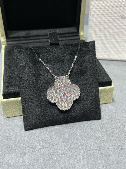 [Noble Jewelry]CLOVER 25MM LARGE PENDANT DIAMOND PAVED SILVER NECKLACE