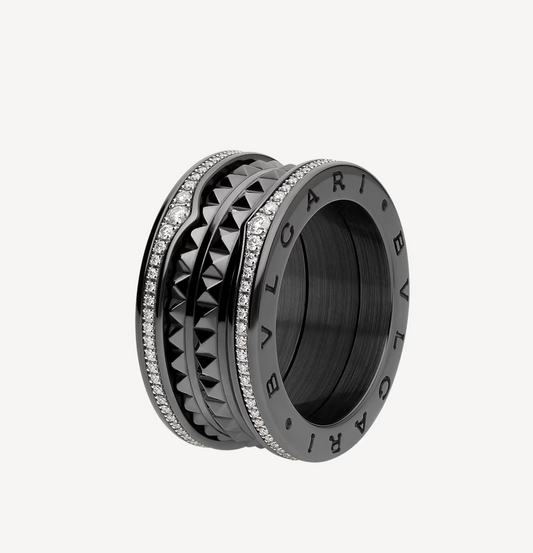 [Noble Jewelry]ZERO 1 ROCK FOUR-BAND BLACK CERAMIC WITH STUDDED SPIRAL AND PAVED DIAMONDS RING