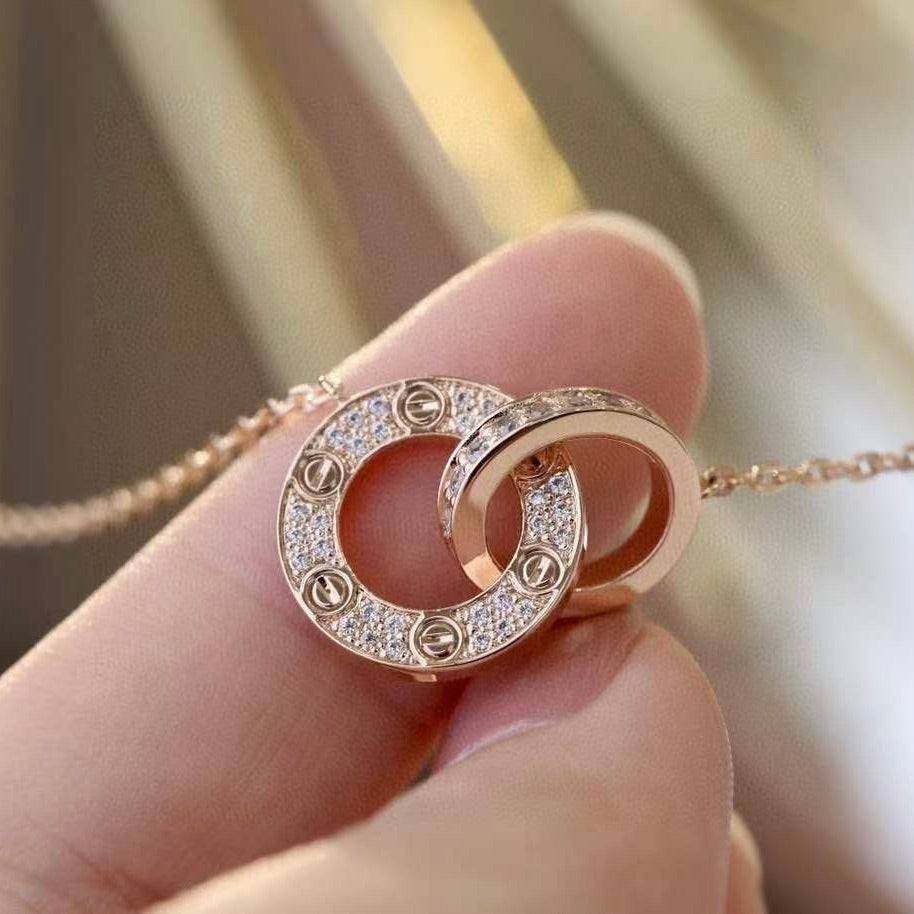 [Noble Jewelry]LOVE 7.6MM NECKLACE ROSE GOLD AND SILVER  FULL DIAMOND