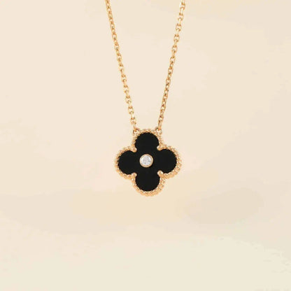 [Noble Jewelry]CLOVER 15MM DIAMOND ONYX NECKLACE