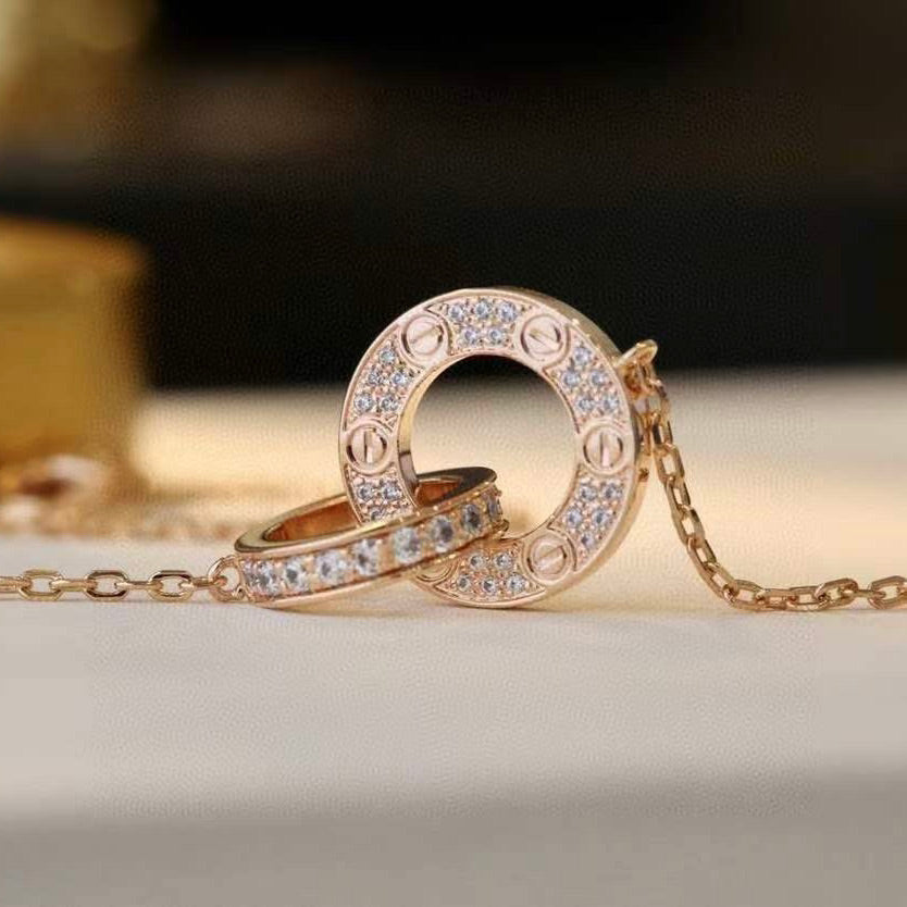 [Noble Jewelry]LOVE 7.6MM NECKLACE ROSE GOLD AND SILVER  FULL DIAMOND