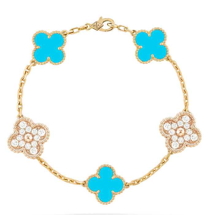 [Noble Jewelry]CLOVER 5 MOTIF TURQUOISE DIAMOND GOLD BRACELET