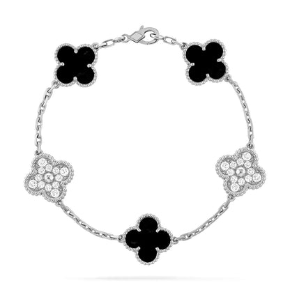 [Edler Schmuck]CLOVER 5 MOTIV ONYXS DIAMOND ARMBAND SILBER 