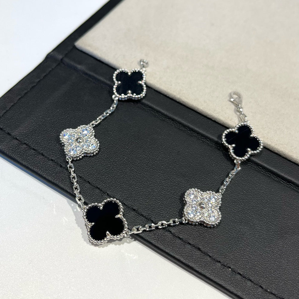 [Noble Jewelry]CLOVER 5 MOTIF ONYXS DIAMOND BRACELET SILVER