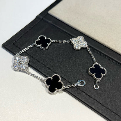 [Noble Jewelry]CLOVER 5 MOTIF ONYXS DIAMOND BRACELET SILVER