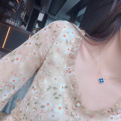 [Noble Jewelry]CLOVER 15MM DIAMOND AND BLUE AGATE NECKLACE