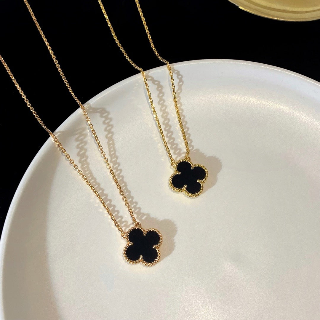 [Noble Jewelry]CLOVER 15MM BLACK ONYX SINGLE FLOWER NECKLACE