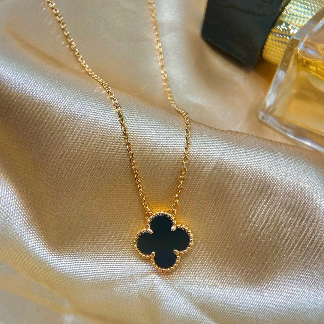 [Noble Jewelry]CLOVER 15MM BLACK ONYX SINGLE FLOWER NECKLACE