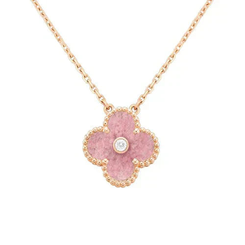 [Noble Jewelry]CLOVER 15MM DIAMOND RHODONITE NECKLACE