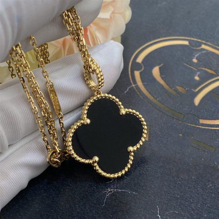 [Noble Jewelry]CLOVER 25MM GOLD ONYX BIG CLOVER NECKLACE