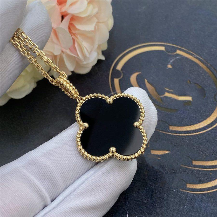 [Noble Jewelry]CLOVER 25MM GOLD ONYX BIG CLOVER NECKLACE