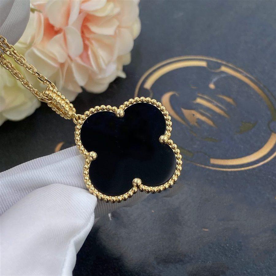 [Noble Jewelry]CLOVER 25MM GOLD ONYX BIG CLOVER NECKLACE