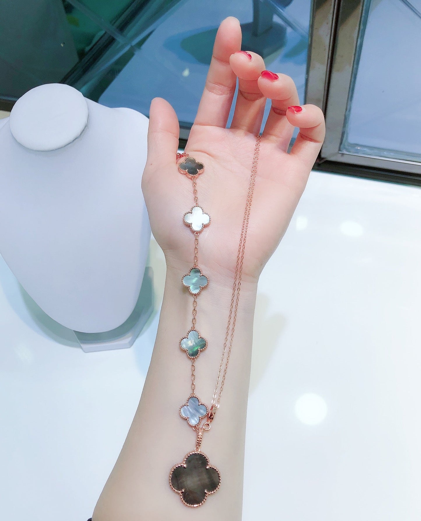 [Noble Jewelry]COMBINED BRACELET 5 MOTIFS AND NECKLACE DARK MOP ROSE GOLD