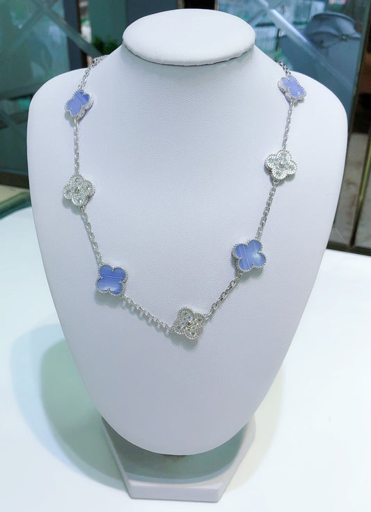 [Noble Jewelry]CLOVER 10 MOTIFS CHALCEDONY DIAMONDS SILVER NECKLACE