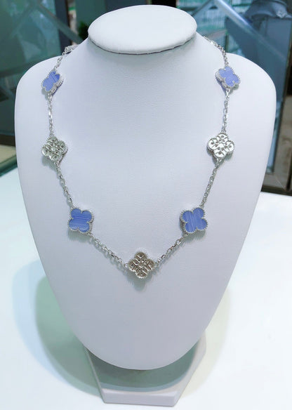 [Noble Jewelry]CLOVER 10 MOTIFS CHALCEDONY DIAMONDS SILVER NECKLACE