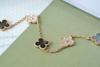 [Noble Jewelry]CLOVER 5 MOTIFS DARK MOP AND DIAMONDS PINK GOLD BRACELET